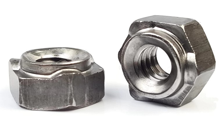 1/4" - 20 HEX WELD NUT, 3-PROJECTION, LONG PILOT, PLAIN FINISH